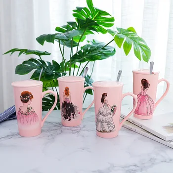 

Korean Creative Hand-painted Pink Ceramic Mug with Lid Spoon Brief Milk Coffee Cups Large Capacity Household Straight Water Cups
