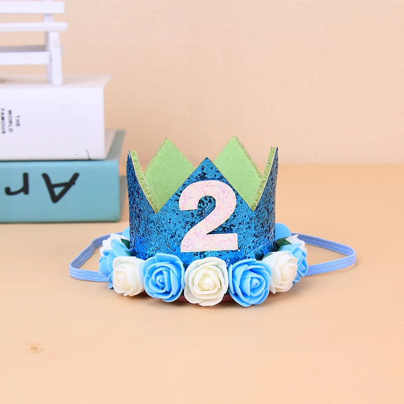 Baby Girl Boy One 1 2 3 4 5 6 7 8 9 years old hat crown headbands decoration For children birthday party decorations - Цвет: Blue 2 age