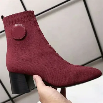 

Boots Women Stretch Fabric Sock Pointed Toe Ankle Boot Fashion Runway Square Heels Shoes Chic Designer Zapatos De Mujer Boots
