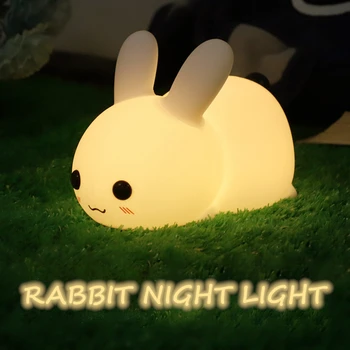 

Rabbit LED Night Light Pat Lamp USB Rechargeable Animal Bunny Silicone Soft Cartoon Baby Lamp Bedside Lamp For Children Gift