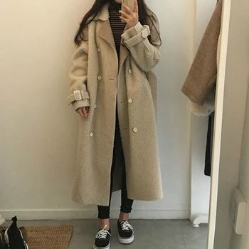 

Snordic Women Winter Vintage Long Lamb Wool Coat Turn-down Collar Loose Woolen Jacket Double Breasted Overcoat Sashes Cloak