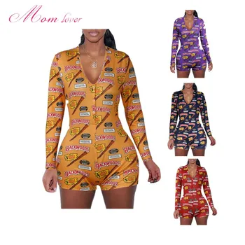 

Sexy Onesies For Adults 2019 Newest Autumn Winter Long Sleeve V-neck Funny Pattern Print Pajama Romper Women Christmas Nightwear