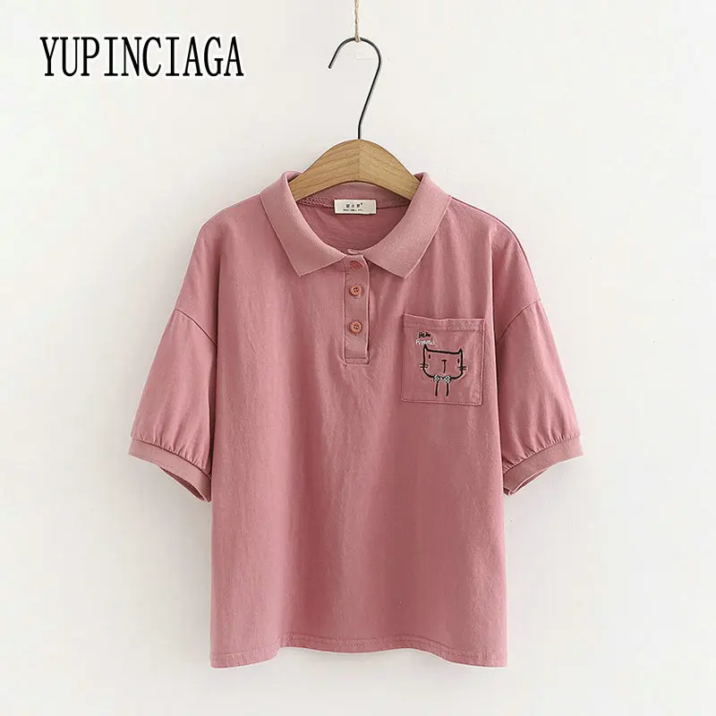 

YUPINCIAGA Women Preppy Style Literature Art Loose Sweet Tee Pocket Letter Cat Embroidery Lapel Short Sleeve Solid Color T-shirt