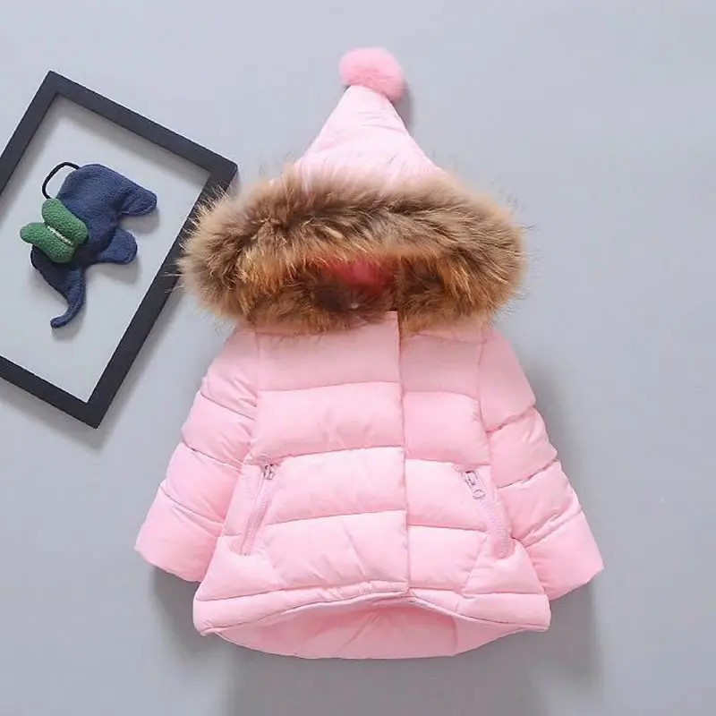 Pink Зимнее пальто для маленьких мальчиков и девочек; одежда на год и Рождество; детская теплая куртка с капюшоном и искусственным мехом; детская стеганая парка; Верхняя одежда с подкладкой - Цвет: Pink