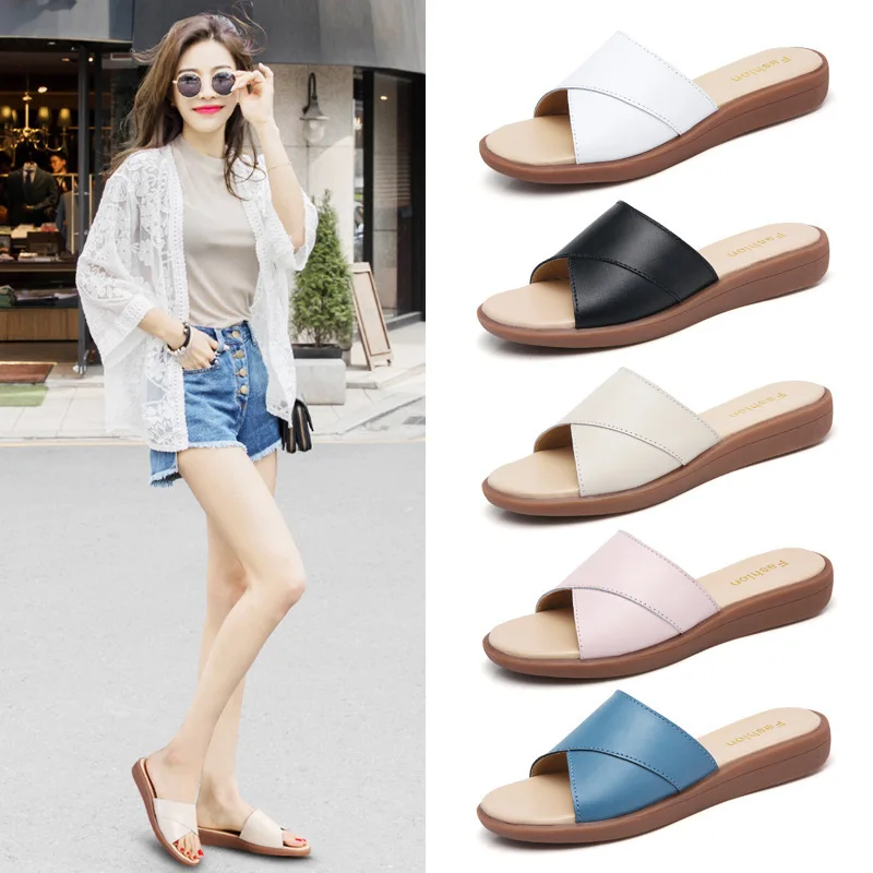 Summer Slippers Women Genuine Leather Cow Leather Shoes Woman Flats Slides High Quality Fashion Slippers Ladies Plus Size Shoes