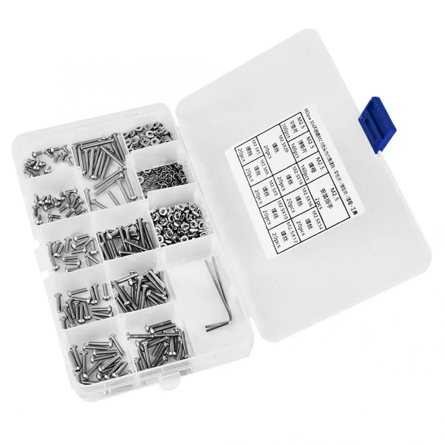 Flat Washer 62pcs SUS304 M2.5 Pan Hex Socket Screw Nut Flat Washer Spring Gasket Wrench Kit tornillos cabeza