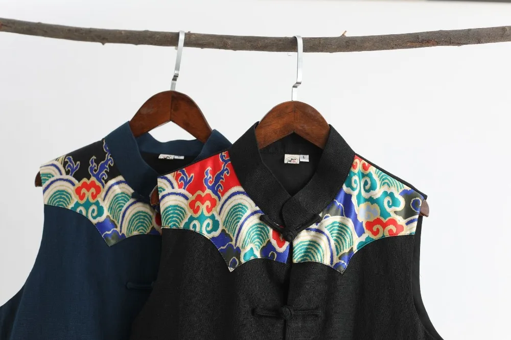 LZJN 2019 Men's Summer Waistcoat Chinese Style Print Patchwork Linen Button Down Kung Fu Shirt Sleeveless Vest Jacket (23)
