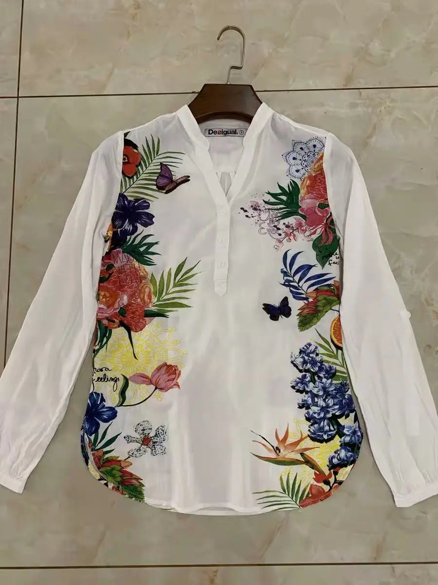 Фуксия DESIGUAL испанский стиль один ручная роспись печати v-образным вырезом блузка(1 - Цвет: Фуксия