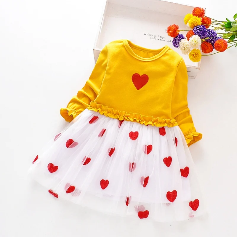 Весенне-осеннее платье для девочек платье с длинными рукавами и принтом сердца для маленьких девочек от 1 до 8 лет милые хлопковые удобные сетчатые платья для малышей