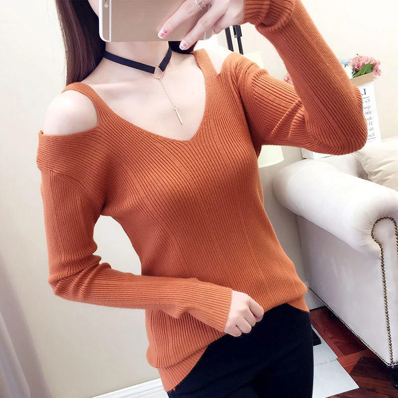 

2019 Autumn Winter Pullover Sweater Korean Style Women's Solid Color V-neck Off Shoulder Back Hollow Out Slim Knit Sweater
