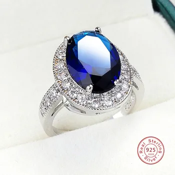 

Romantic Female 1 Carat Zircon Stone Ring 925 Sterling Silver Blue AAA Mosaic Zircon Solitaire Promise Love Wedding Band Rings