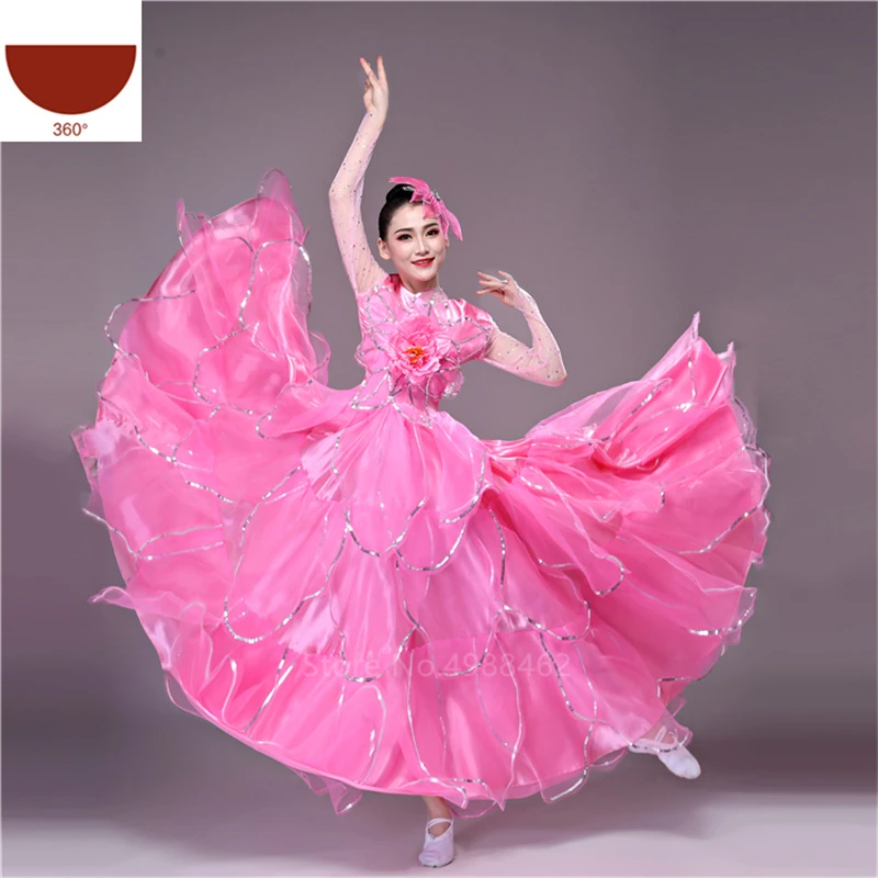 Испанское платье для Фламенго, для танцев, Цыганская юбка, для женщин, год, для хора, для сцены, одежда для взрослых, для корриды, фламенко размера плюс - Цвет: Pink 360degree