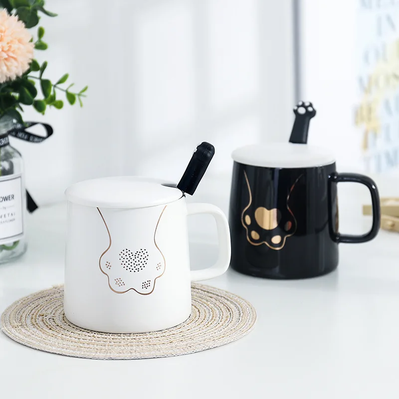 

Glod Cat Claw Coffee Mug with Lid and 3D Cat Claw Spoon Handle Nordic Clear Tea Milk Tea Drink Cups Gift for Men White Black