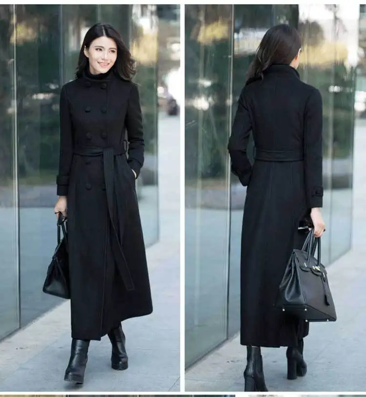 Женское зимнее пальто, Осеннее и зимнее Классическое однотонное шерстяное пальто большого размера с поясом, тонкое длинное пальто для женщин
