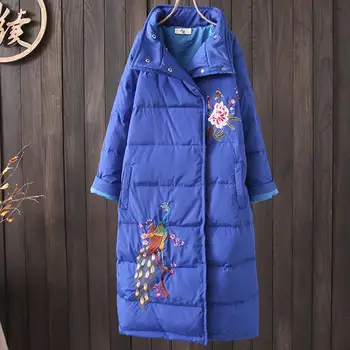 

Retro literary ethnic wind embroidery stand collar long thick down jacket women 2020 winter plus size coat