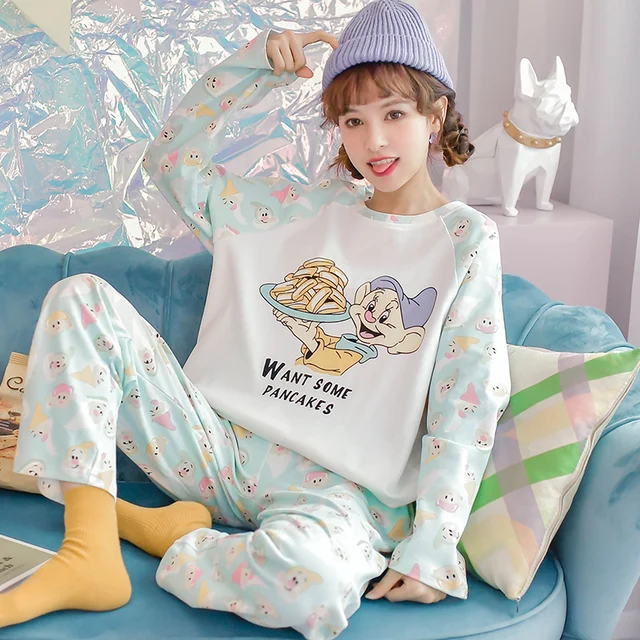 Disney Cartoon Snow White Dwarf Long Pajamas Set Lady Autumn Winter Cotton Long Sleeve Trousers Suit Printing Kawaii Pyjamas Set 3506