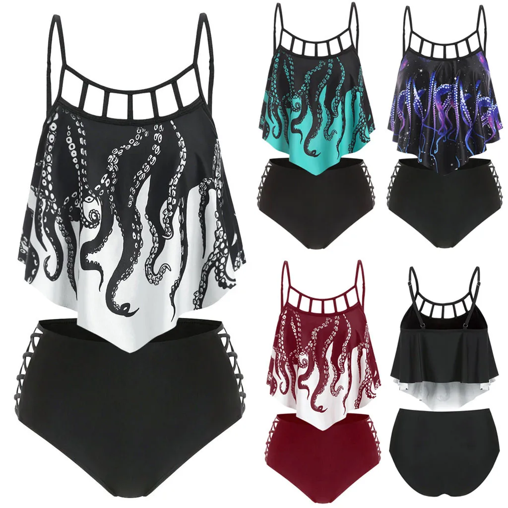 SAGACE Octopus Print High-Waisted Bikini Sexy swimming suit cover ups women Two Pieces Swimwear Women 2020 Beach Bathing Suit | Женская