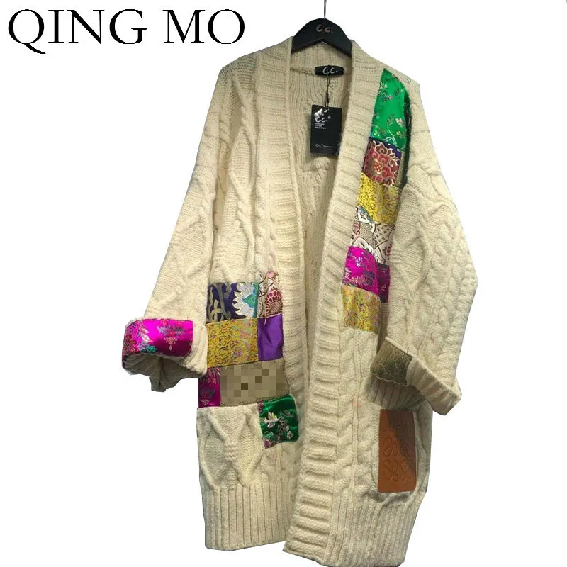 

QING MO Women Embroidered Sweater V Neck Cardigan Sweater Women Flower Printed Patchwork Sweater Mid Length Loose Coat ZQY5158