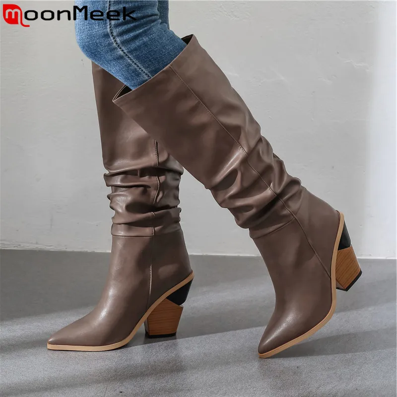 

MoonMeek big size 34-43 fashion knee high boots pointed toe slip on autumn winter boots classic wedges Chelsea boots 2020 new
