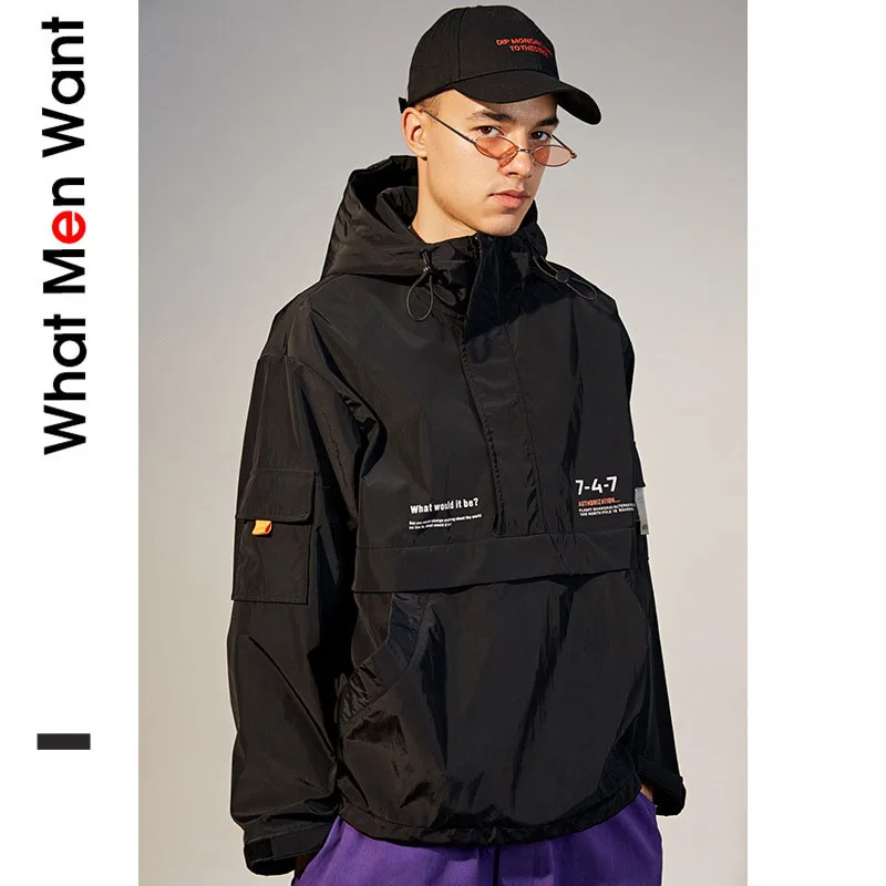 

IVRESSE Black Patchwork Pockets Letter Print Jackets Men Hooded Drawstring Zipper Loose Outerwear Fashion Casual Hip Hop Coats