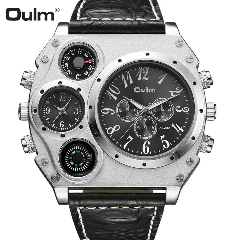 OULM спортивные повседневные кварцевые часы с большим циферблатом, мужские часы с кожаным ремешком и двойным часовым пояском, черный циферблат, Boyfriend, большие наручные часы DZ