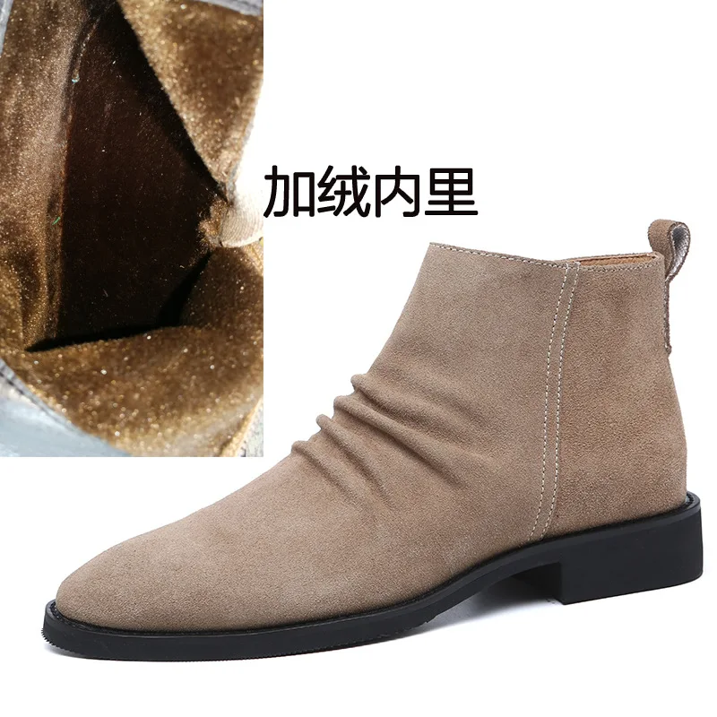 Men's pointy scalp boots zipper retro British trend men's boots high top casual leather shoes Chelsea real leather boots - Цвет: beige fluff