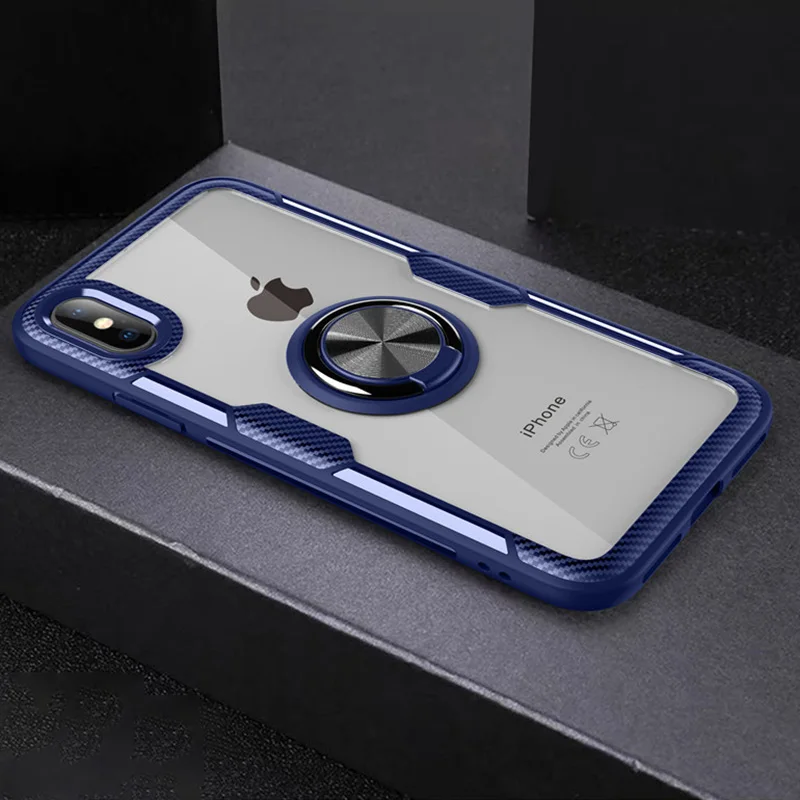 Для Coque iPhone XR Funda X Xs Max полный Чехол Роскошный TPU рамка прозрачный PC Алюминиевый кольцевой кронштейн противоударный - Цвет: Blue - Black Ring