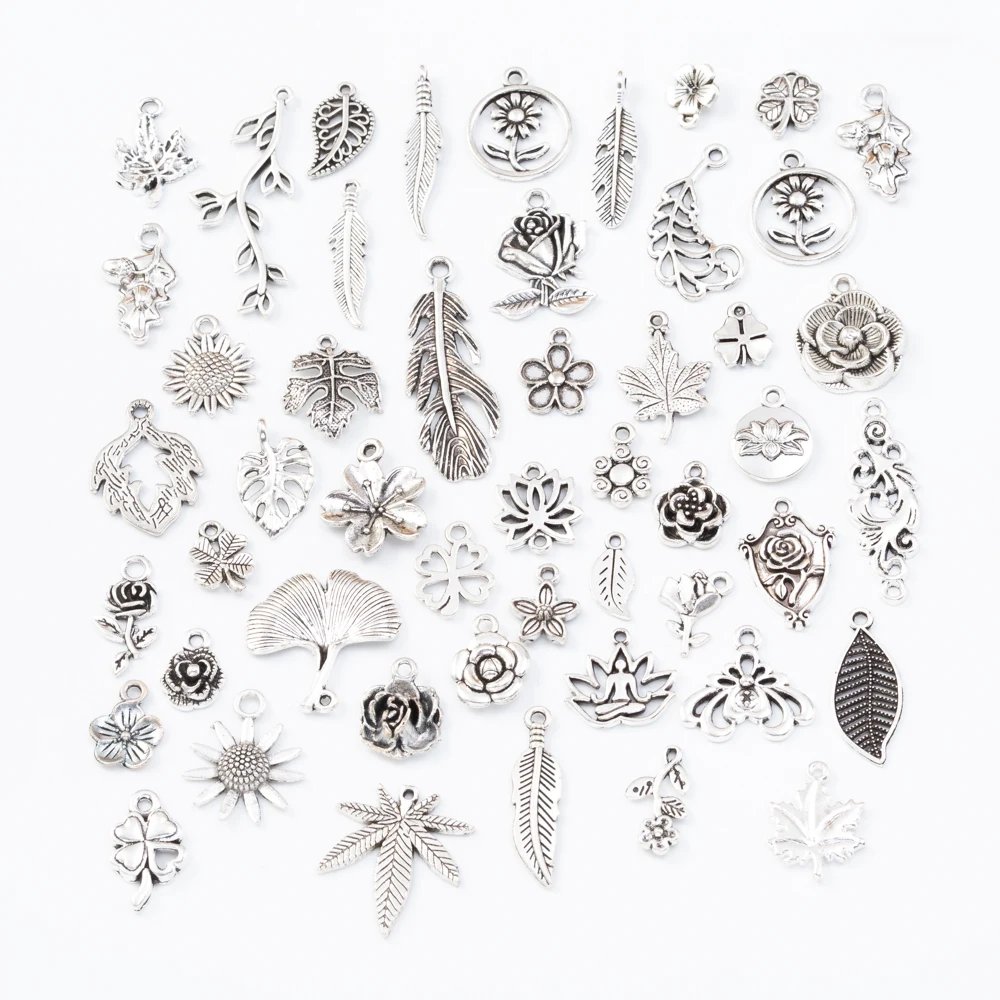 

50pcs 50different Leaf flower Tibetan Silver Mixed Styles Charms Pendants DIY Jewelry for Necklace Bracelet Making Accessaries