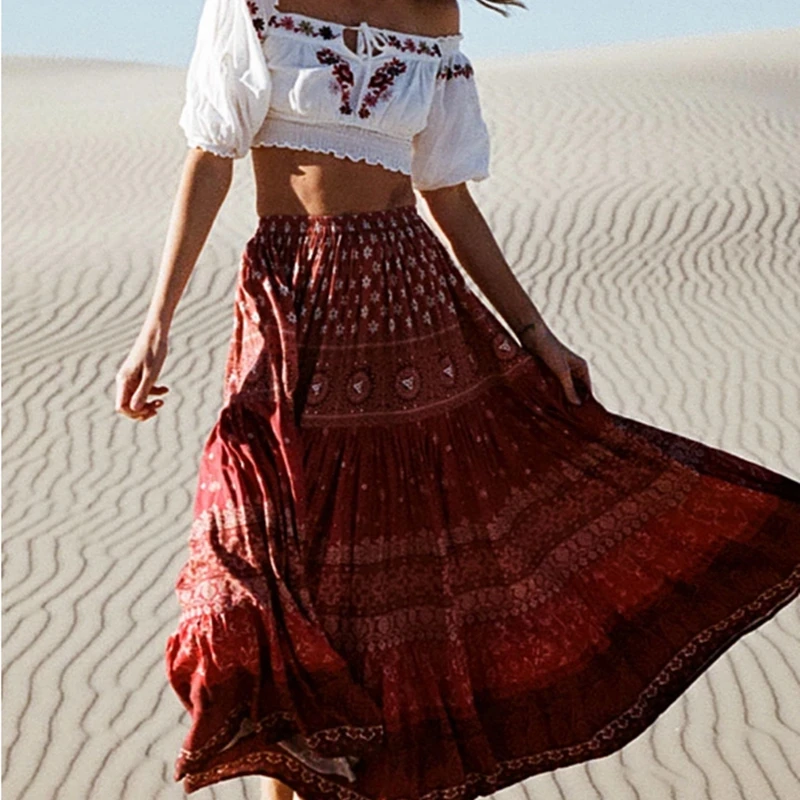 

Women Boho Hippie Skirt Daisy Print Long Maxi Skirt Prom Gown Beach Boho Red Print Boho Skirt F0158
