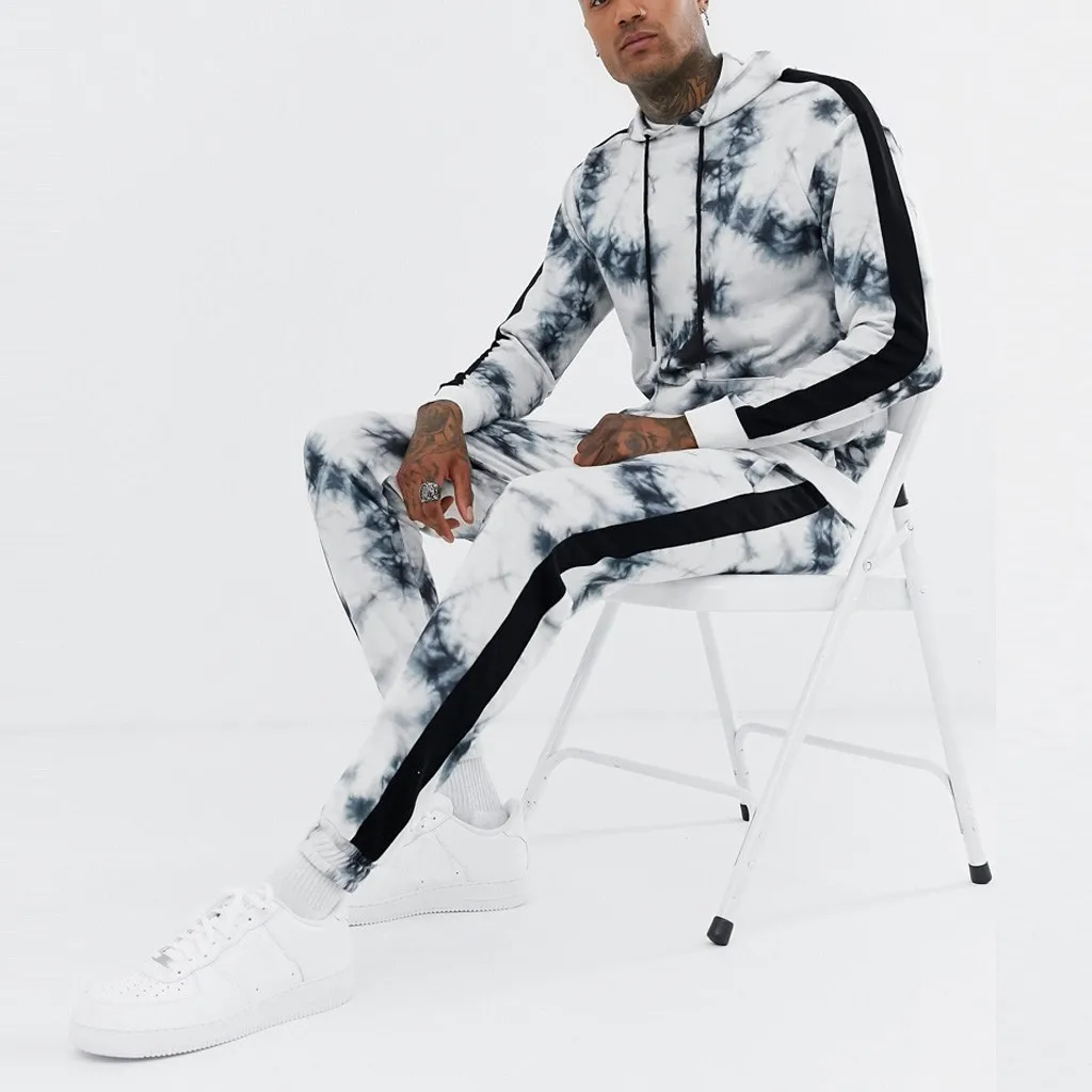 Для мужчин s Dyeing Joggers Осенняя Толстовка с принтом галстука топ брюки наборы спортивный костюм Фитнес Бодибилдинг мужские толстовки брюки джоггеры