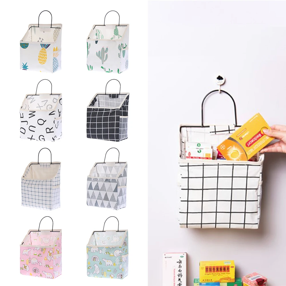 

1PC Lattice Cotton Linen Hanging Storage Bag With Hook Magazine Holder Dorm Bedside Organizer Room Bed Pocket Home Storage Tools