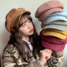 Béret rétro octogonal en daim uni pour femme, chapeau de peintre Vintage, casquette de journal, béret pour dame, HT2892 