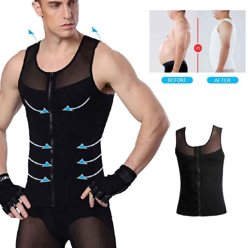 Men Slimming Abdominal Shaper Chest Vest Waist Trainer Tops Gynecomastia Shirt Control Boobs Zipper
