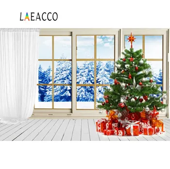 

Gray Living Room Christmas Tree Gift Curtain French Window Winter Pine Wooden Floor Photo Background Photography Backdrop