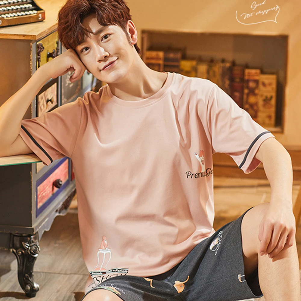 

2020 Men Summer Pajamas Set Cotton Comfort Short-sleeved and Shorts Homewear Cute Print Plus Sizes 3XL Casual Mens Sleepwear