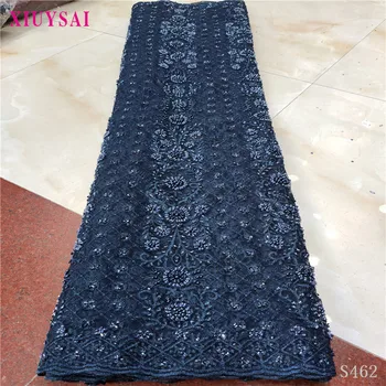 

2020 sea green/mint color new lace luxury handmade beading European style fabric for wedding and party dressing free S455