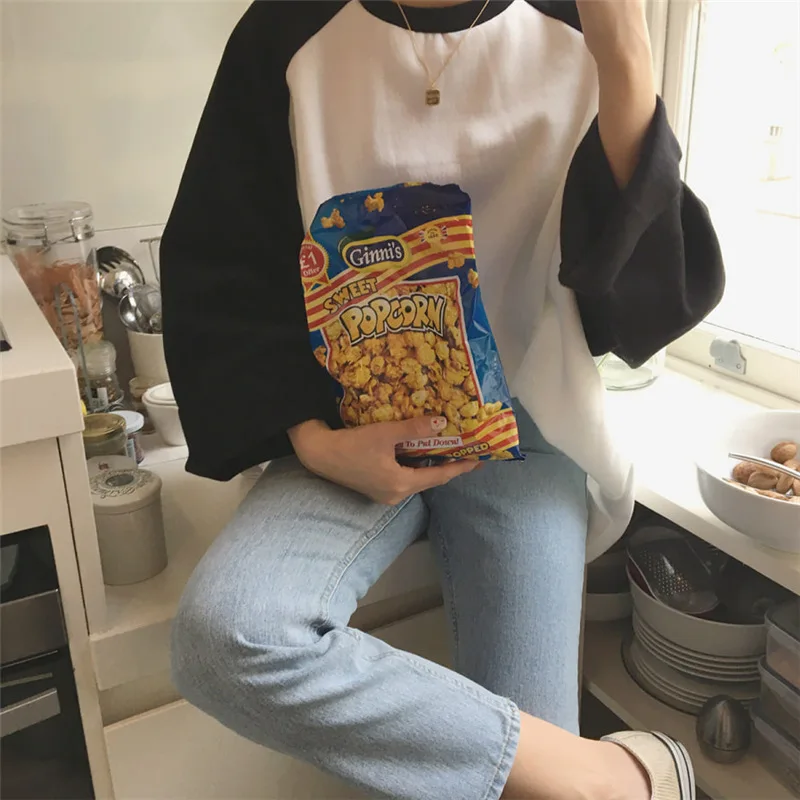 

2019 Long Sleeve Korean Version Classic Black-and-White Stitching Loose T-shirt Top O-Neck Patchwork Women Clothing Shirts