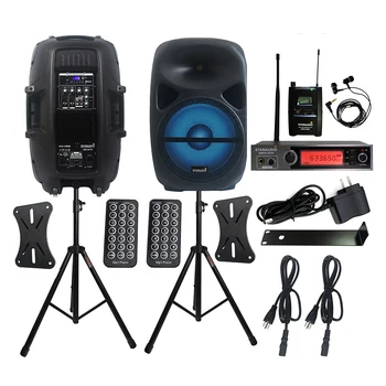

STARAUDIO Pair 15" 2500W PA DJ KTV Powered Active Speakers RGB Light Speaker Stands 1 Channel UHF Wireless Headset Mic SCS-15RGB