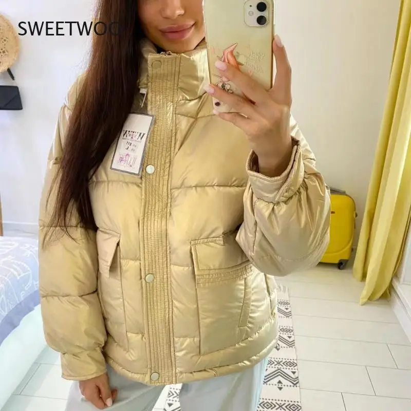 

2021 Winter Bright Leather New Cotton Jacket Down Jacket Loose Drawstring Stand Collar Thick Short Bread Jacket