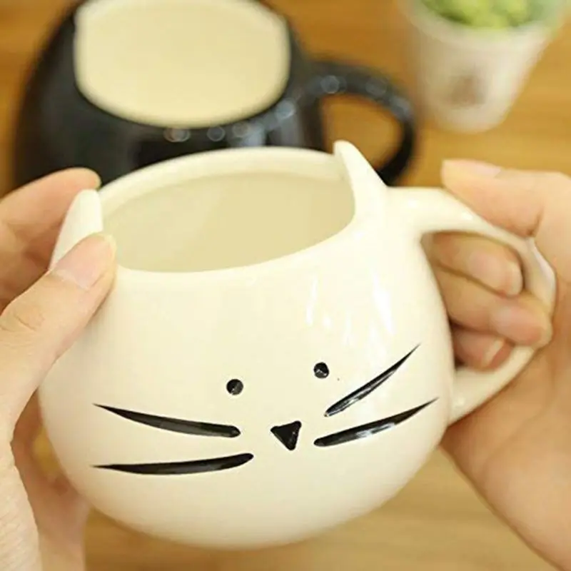Белая черная милая чашка для завтрака с рисунком котенка керамическая кофейная
