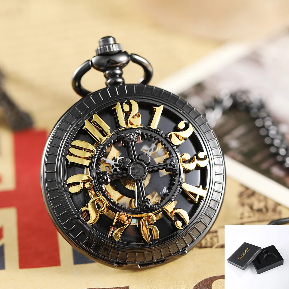 black with box Ретро бронзовые полые цифровые цифры с циферблатом механический карманные часы поясная цепь винтажные стимпанк классические мужские карманные часы - Цвет: black with box