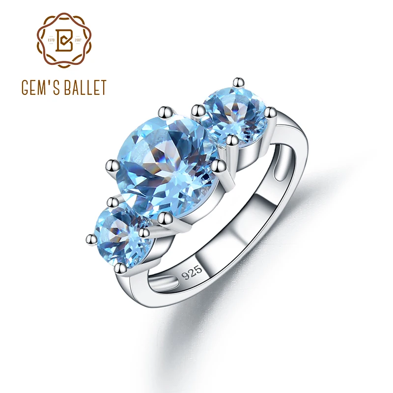 

GEM'S BALLET Natural Round Sky Blue Topaz Three Stone Wedding Band Rings 925 Sterling Silver Birthstone Ring For Women Jewelry