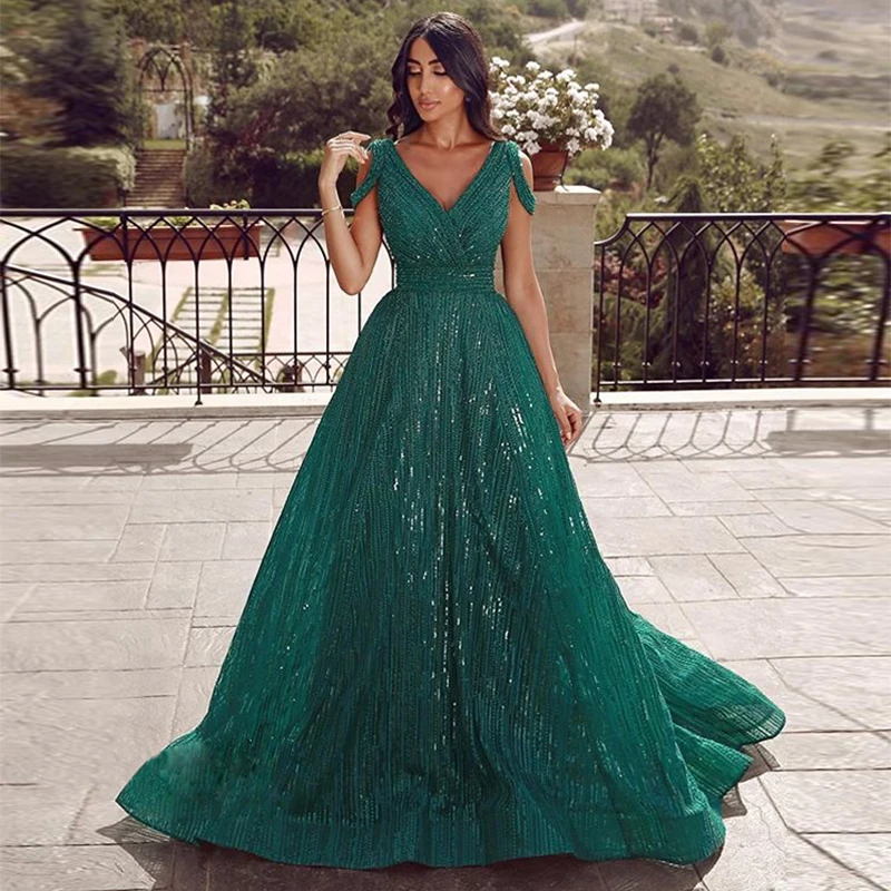 

Shining Sequin Beading Dark Green Sleeveless A Line Sweep Train Evening Dress Modest Dress