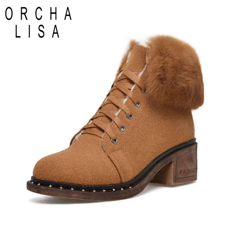 

ORCHA LISA Lace-up Winter Shoes Women block heels ankle Boots ladies Cow Suede leather shoes woman warm fur snow boots rivets