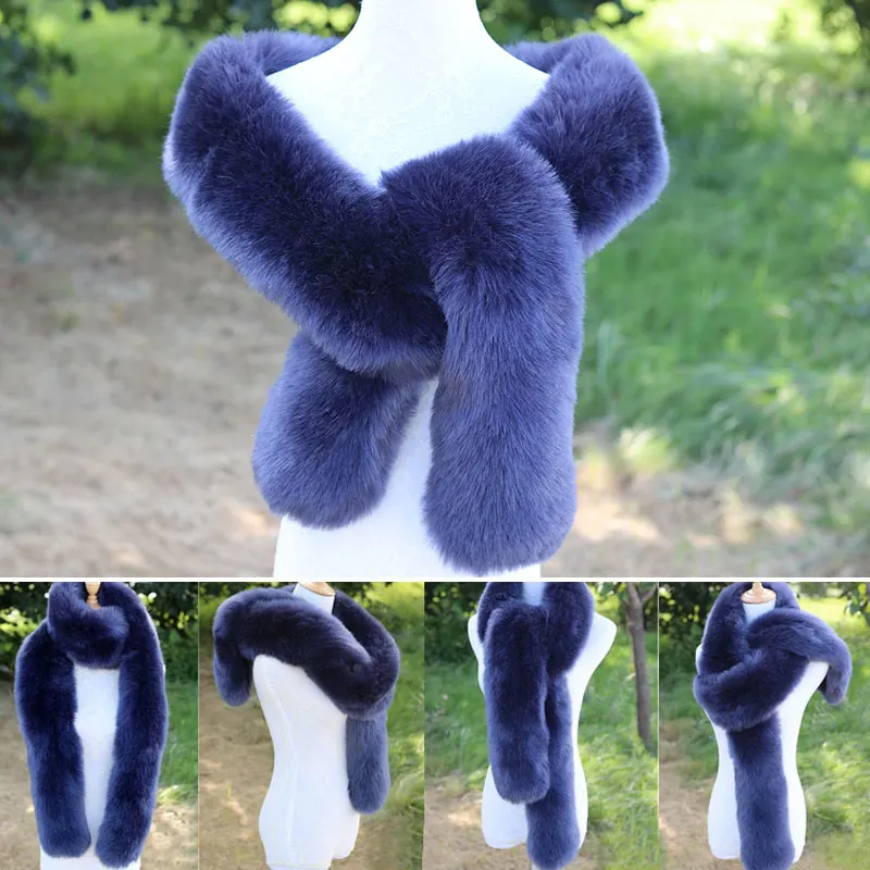 180 см зимний теплый воротник шарфа шаль обертывания женские меховые длинные шарфы сплошной цвет имитация лисы меховая шаль для женщин пальто куртки