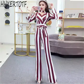 

2020 Spring summer temperament V-neck long-sleeved slim striped bow shirt top + wide-leg pants suit
