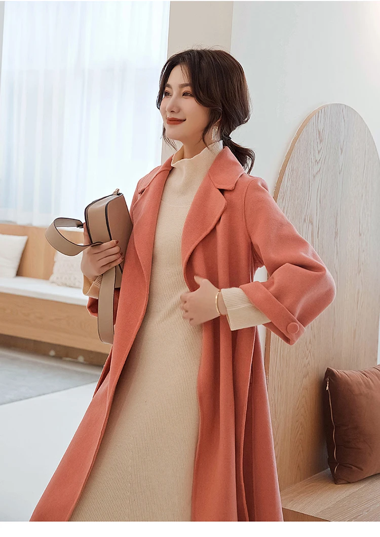LHZSYY 2019Autumn Winter New Women Double-sided Woolen Coat Fashion Slim Pure Wool lacing Long Thick Warm Cashmere Cardigan Coat
