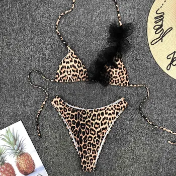 

Sexy Mesh Bikini Halter Push Up Swimwear Women Swimsuit Female G-String Micro Bathing Suit Leopard Brazilian Swimsuit Beachwear