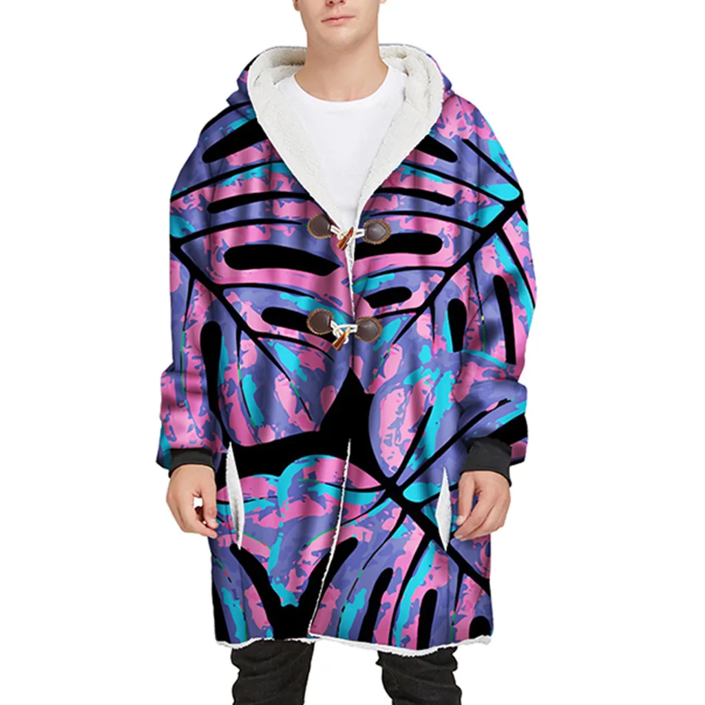 

Mens Winter Long Hooded Horn Buckle Plus Velvet Thick 3D Printed Coat High Quality Men's Luxurious Wool Blends Coat Male 12.2