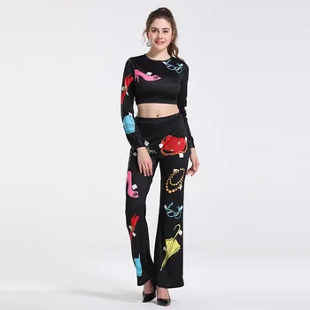 

Spring autumn Print Tracksuits Women Two Piece Set Street short T-shirt Tops and Jogger Set Suits Casual Tight 2 Piece Suit Set